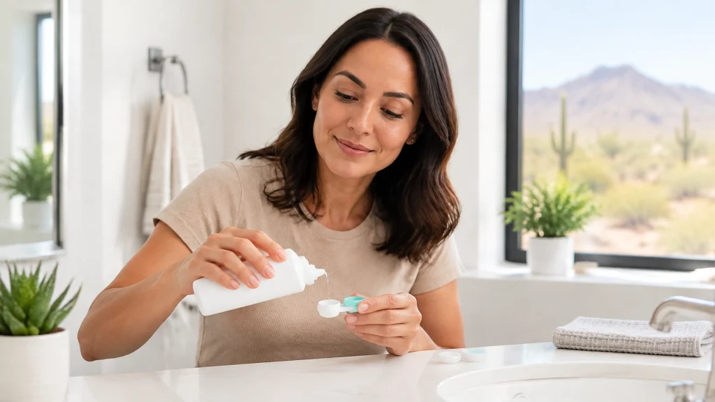 Woman pouring contact lens solution